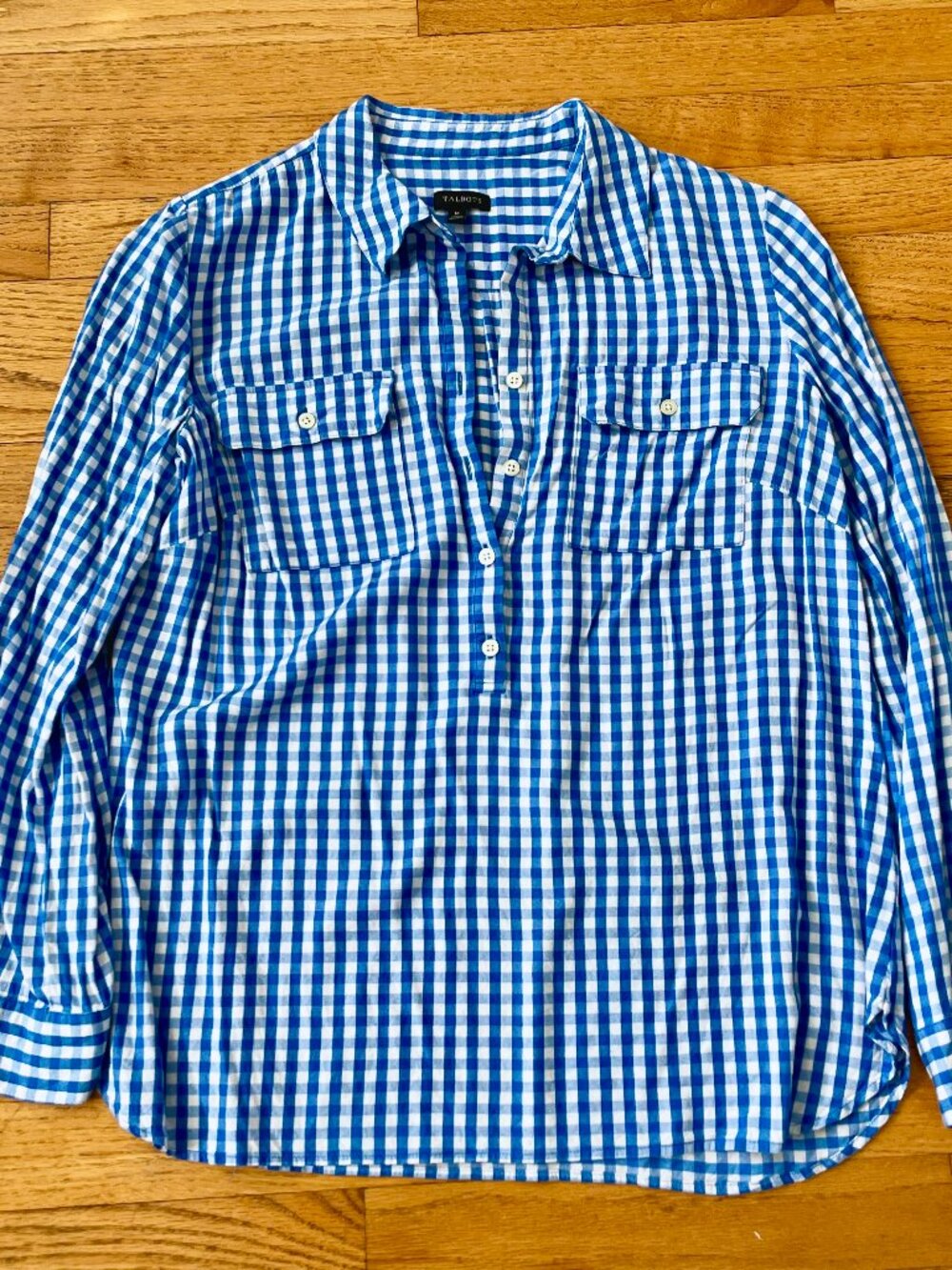 Talbots Blue Gingham Popover Blouse Size M - Rayon, Pockets, Roll Tab Sleeves